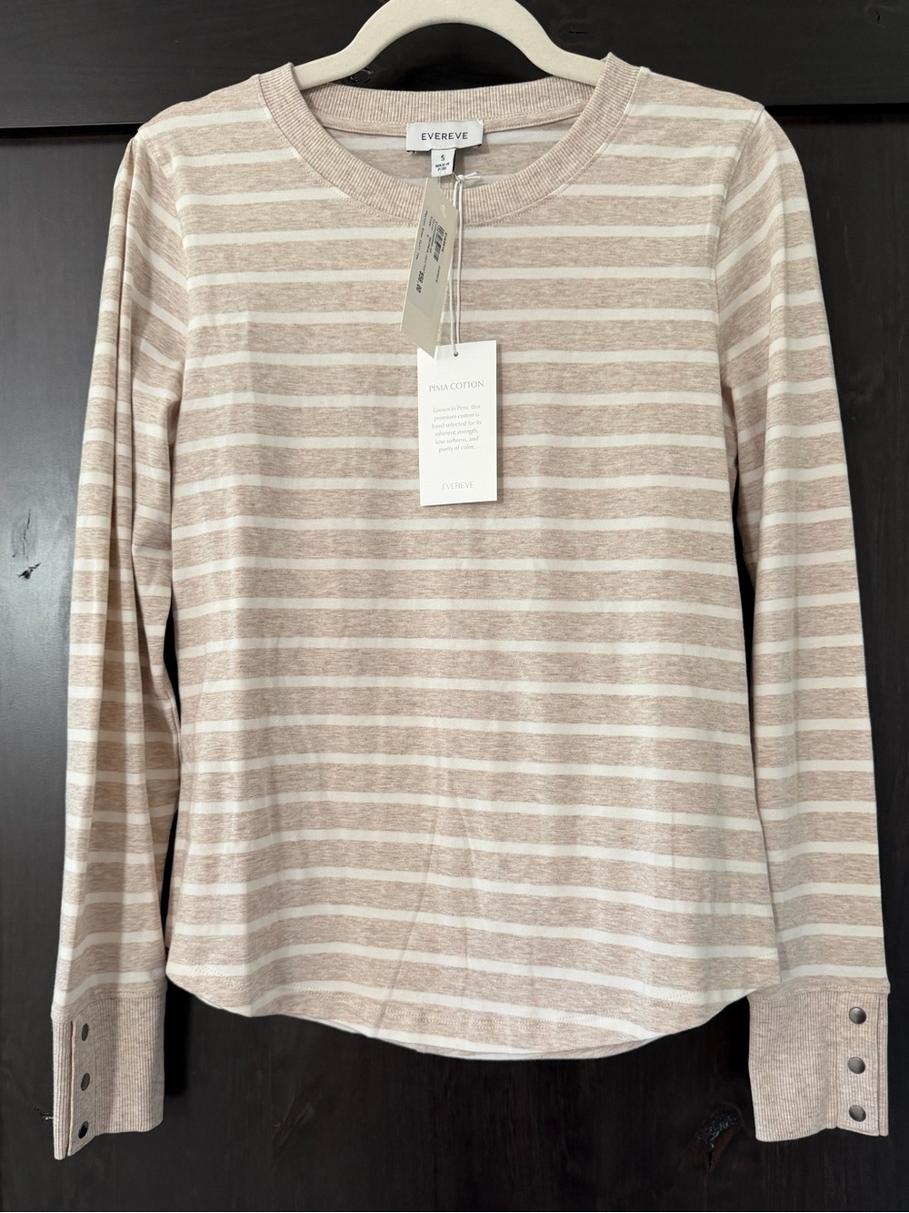 EVEREVE Peyton Snap Cuff Tee Oatmeal White Stripe Pima Cotton S NWT